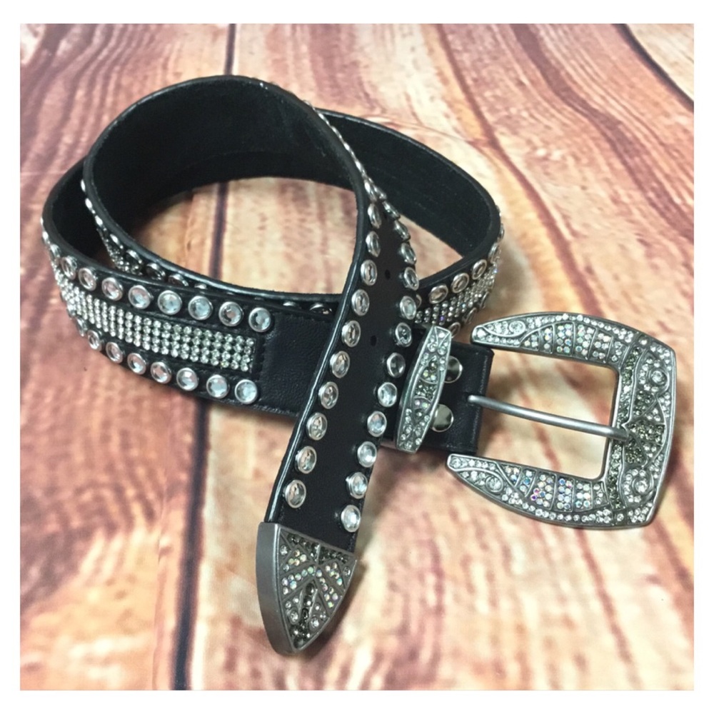 New Black Leather Rhinestone Belt w/Oversized Buckle